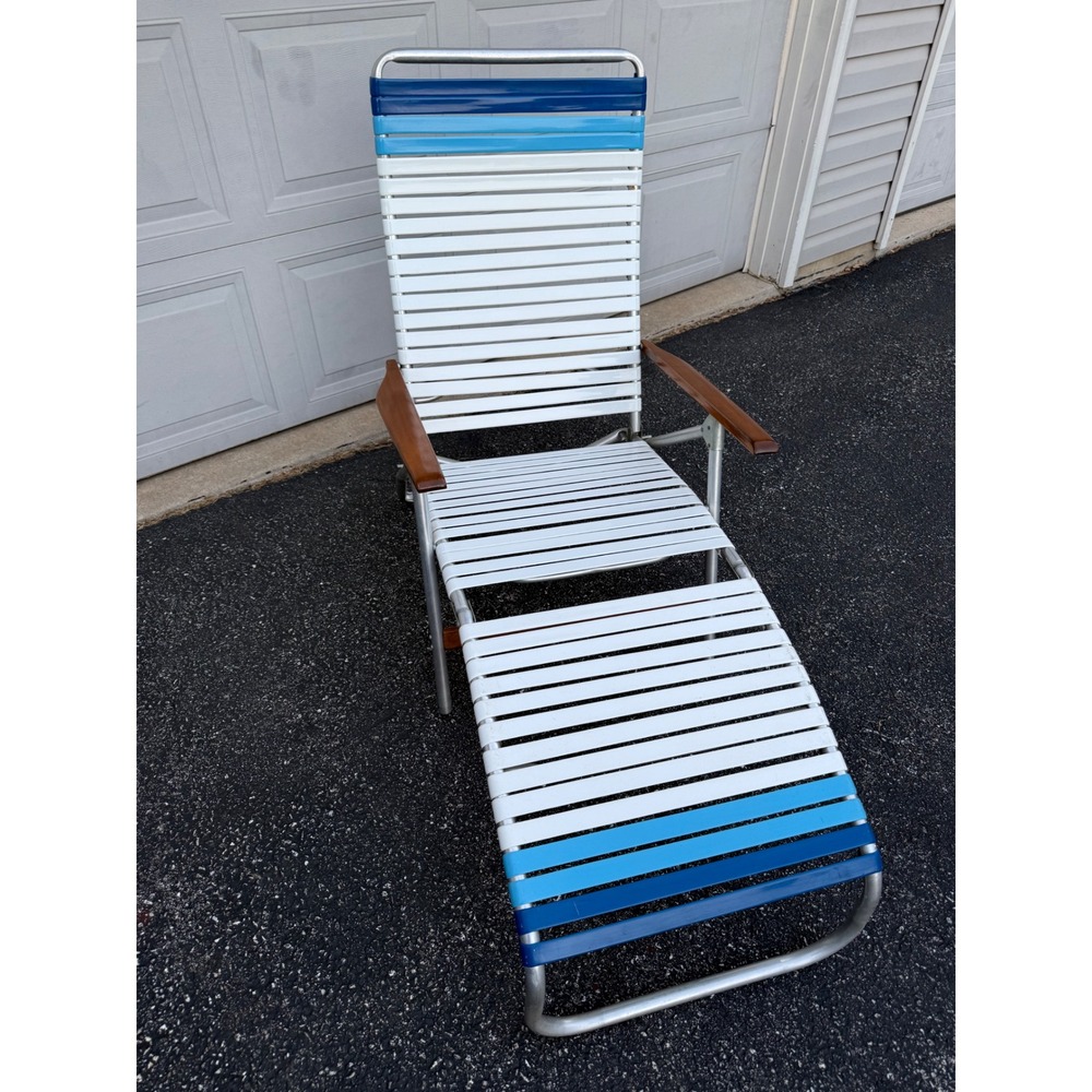 Vintage Mid Century Modern Aluminum Folding Lounge Chair Blue White Vinyl Straps